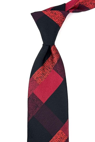 Kravatkolik Red - Black Plaid Pattern Classic Tie with Handkerchief Kk11126