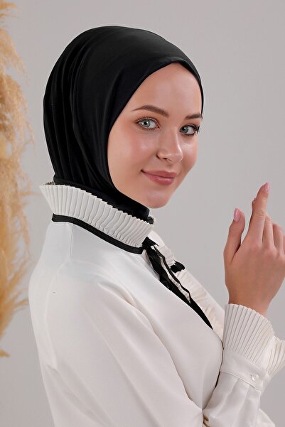 Melodi Scarf Kadın Tesettür Pratik Çıtçıtlı Sandy Fular Hazır Deniz Havuz Uyumlu Bone Siyah