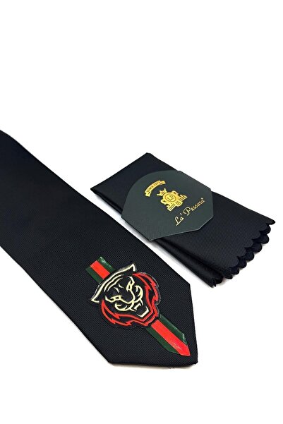La Pescara Черна лъскава вратовръзка с бродерия на тигър Kk11700