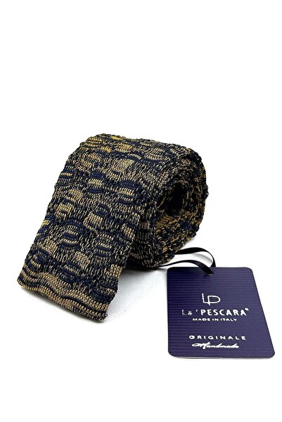 La Pescara Yellow - Navy Blue Motif Pattern Knitted Tie ORR8361