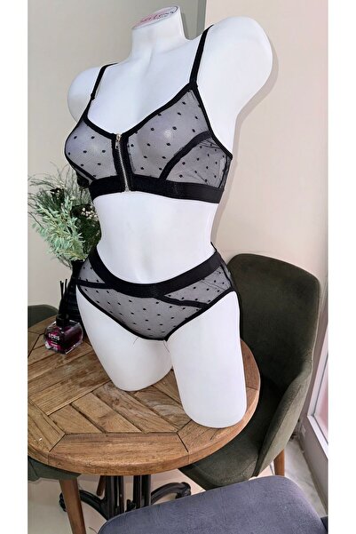 SiaLess Lingerie Kadın Puantiyeli Bralet Külot Takım Gecelik