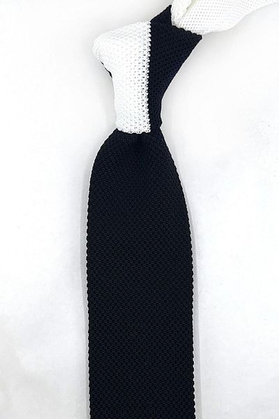 Kravatkolik Black Plain White Detailed Knitted Tie ORN8328