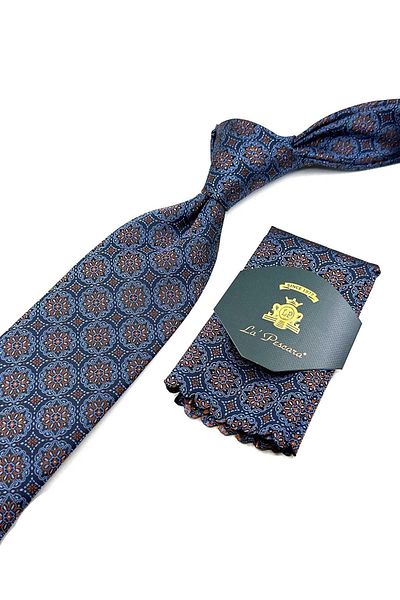 Kravatkolik Patterned Blue Necktie with Handkerchief - KK12675