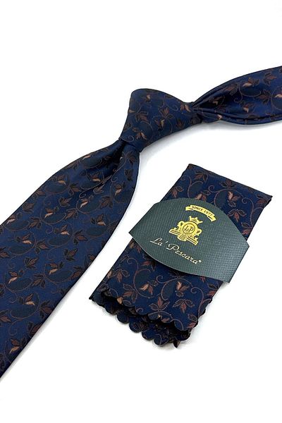 Kravatkolik Navy Blue Flower Pattern Classic Necktie with Handkerchief KK12037