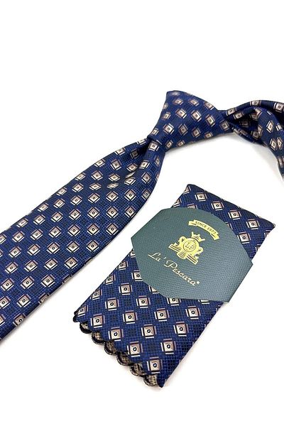Kravatkolik Navy Blue Motif Pattern Classic Tie with Handkerchief Kk11060