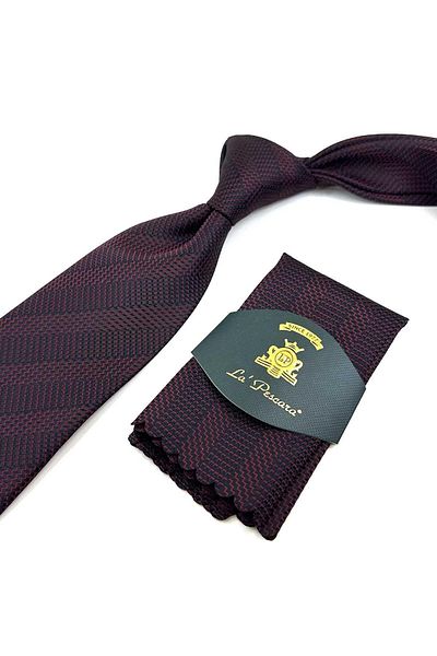 Kravatkolik Black - Red Line Pattern Classic Necktie with Handkerchief KK12429