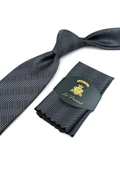 Kravatkolik Smoked Line Pattern Classic Necktie with Handkerchief KK12058