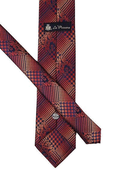 Kravatkolik Orange - Navy Blue Motif Pattern Classic Tie with Handkerchief Kk9997