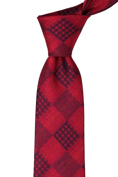 Kravatkolik Classic Tie with Red Motif Pattern Handkerchief Kk9520