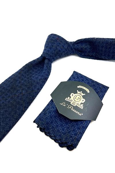 Kravatkolik Navy Blue - Blue Plaid Pattern Classic Wool Tie with Handkerchief KK12079