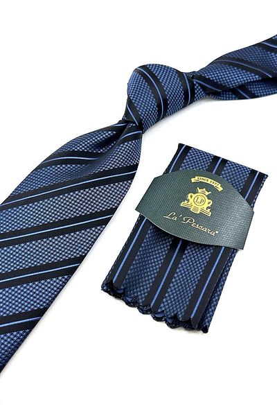 Kravatkolik Black Striped Classic Tie with Handkerchief - Blue KK12698