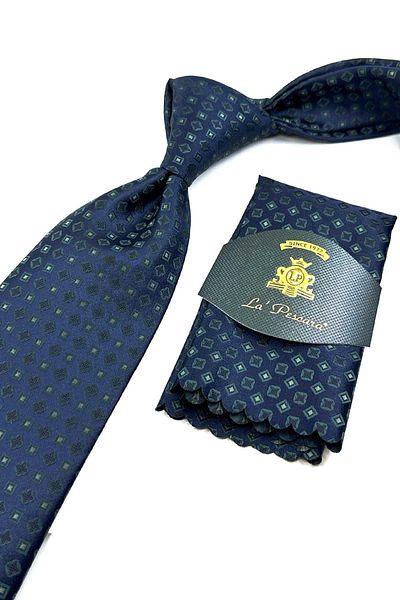 Kravatkolik Patterned Navy Blue Classic Tie with Handkerchief - KK12712