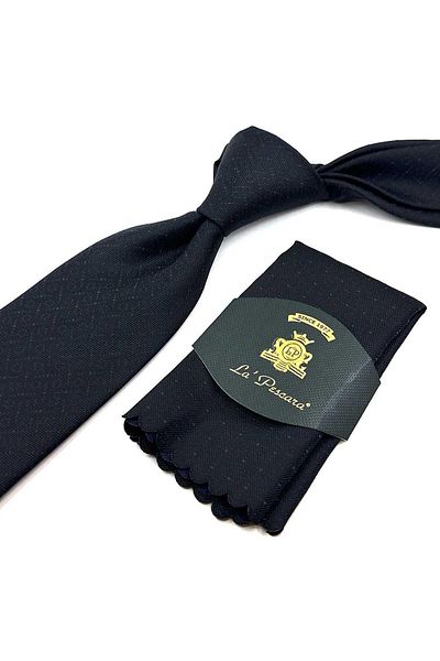 Kravatkolik Black Small Pattern Classic Tie with Handkerchief KK12360