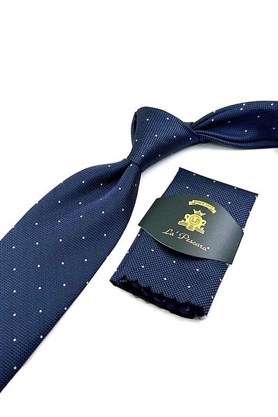 Kravatkolik Navy Blue Tie with Handkerchief - Dot Pattern, Classic KK12663