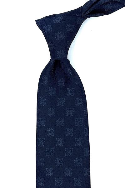 Kravatkolik Navy Blue Motif Pattern Classic Tie with Handkerchief Kk10950