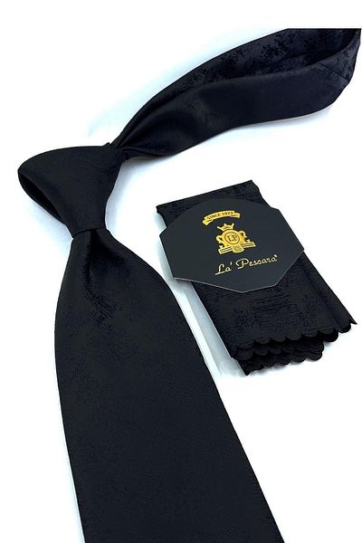 Kravatkolik Black Motif Pattern Classic Tie with Handkerchief Kk10979