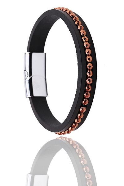 Kravatkolik Men's Black Copper Motif Leather Steel Bracelet Blk1641