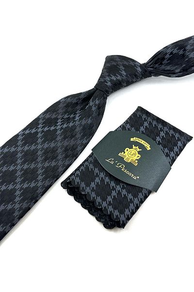 Kravatkolik Black - Smoked Motif Pattern Classic Necktie with Handkerchief KK12022