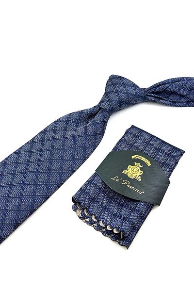 Kravatkolik Blue Square Pattern Classic Tie with Handkerchief KK12485