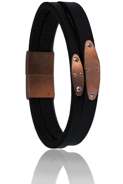 Kravatkolik Black - Copper Leather Steel Men's Bracelet Blk1533