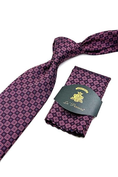 Kravatkolik Fuchsia Patterned Classic Tie with Handkerchief - KK12603