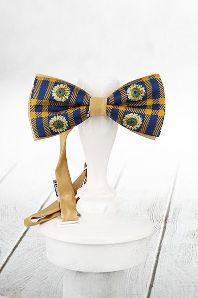 Kravatkolik Men's Yellow - Navy Blue Silk Bow Tie SB157