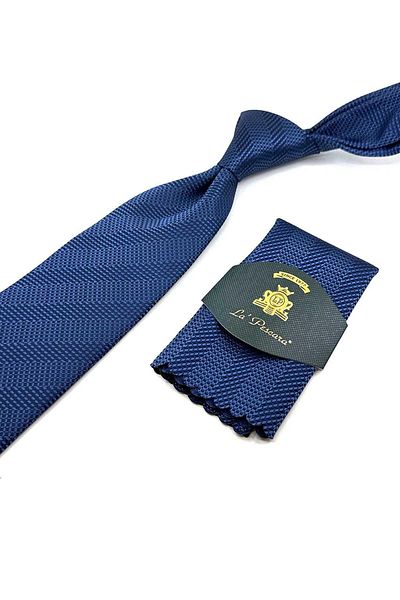 Kravatkolik Classic Tie with Blue Line Pattern Handkerchief KK12430