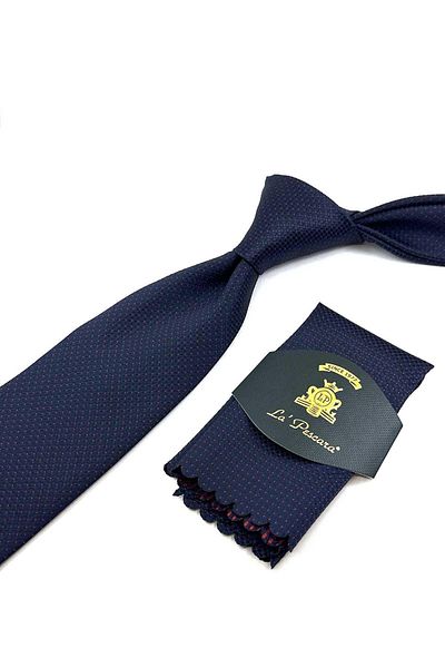 Kravatkolik Navy Blue Dot Pattern Classic Tie with Handkerchief KK12340