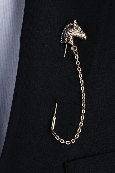 La Pescara Altın Renk Mavi Taşlı At Motif Yaka İğnesi YI272