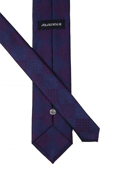 Kravatkolik Plum - Navy Blue Plaid Pattern Classic Necktie with Handkerchief Kk10455