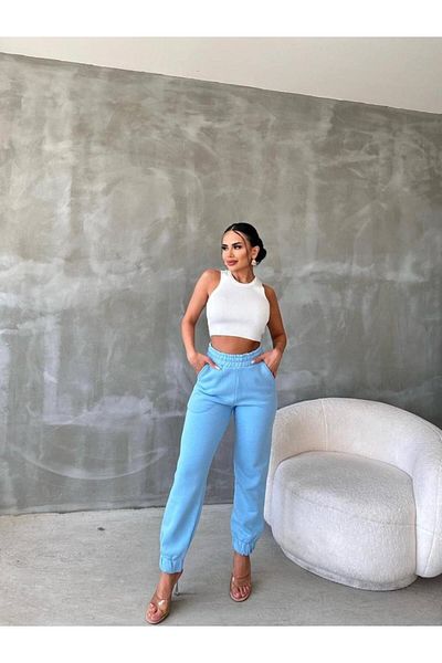 NO 601 Γυναικείο Jogger Sweatpants με ψηλόμεσο και φλις - 3 κλωστές Baby Blue