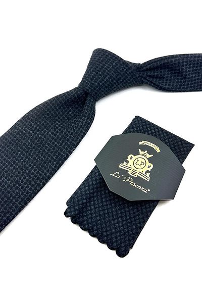 Kravatkolik Black - Smoked Square Pattern Handkerchief Wool Classic Tie KK12091
