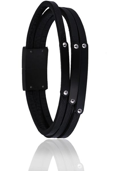 Kravatkolik Black Leather Steel Men's Bracelet Blk1582