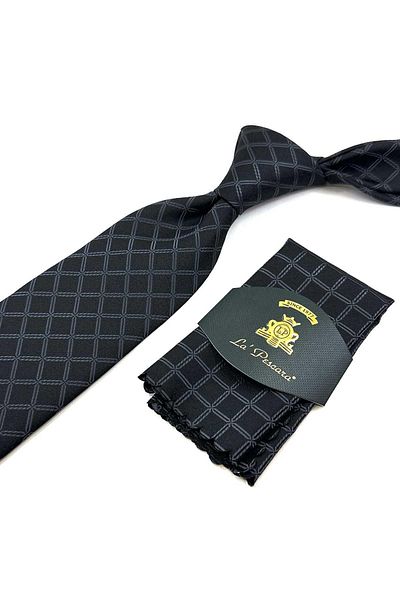 Kravatkolik Black Square Pattern Classic Tie with Handkerchief KK12471