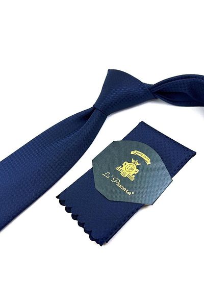 Kravatkolik Navy Blue Classic Tie with Self Pattern Handkerchief Kk11174