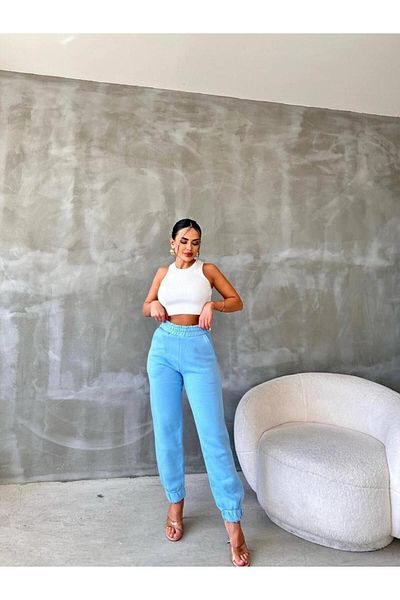 NO 601 Γυναικείο Jogger Sweatpants με ψηλόμεσο και φλις - 3 κλωστές Baby Blue