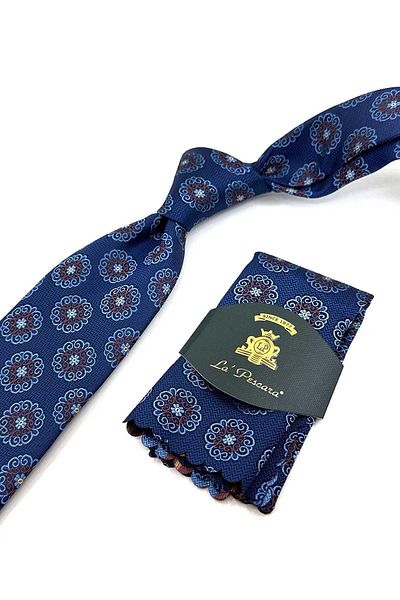 Kravatkolik Navy Blue Motif Pattern Classic Necktie with Handkerchief KK12243