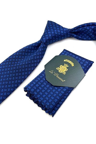 Kravatkolik Classic Tie with Blue Shawl Pattern Handkerchief Kk11140