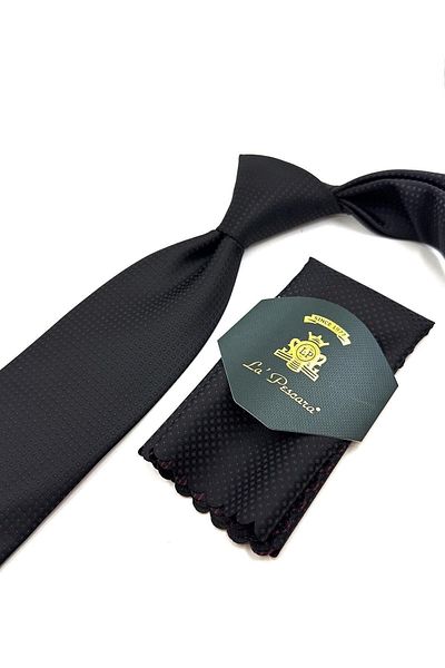 Kravatkolik Classic Tie with Black Dot Pattern Handkerchief Kk11056