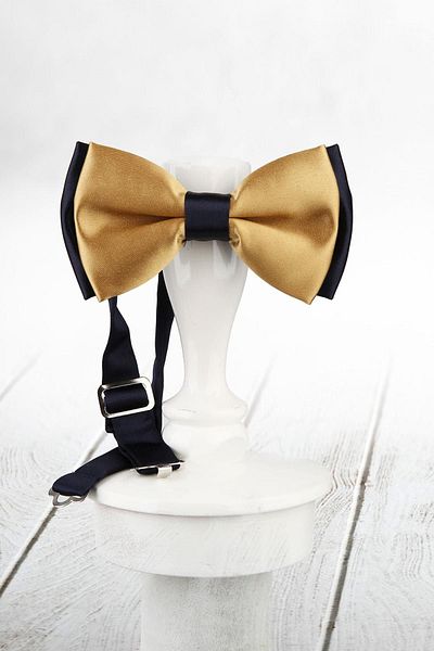 Kravatkolik Men's Gold - Navy Blue Color Satin Bow Tie SP60