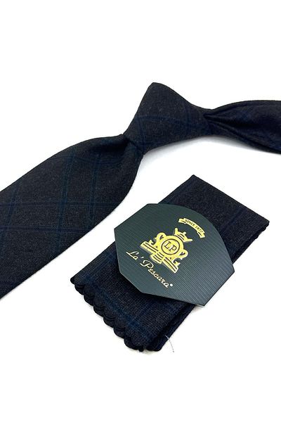 Kravatkolik Black - Smoked Plaid Pattern Classic Wool Tie with Handkerchief KK12089