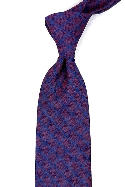 Kravatkolik Claret Red - Navy Blue Square Pattern Classic Tie with Handkerchief KK12486