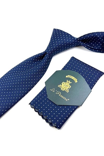Kravatkolik Navy Blue Dot Pattern Classic Tie with Handkerchief Kk11163