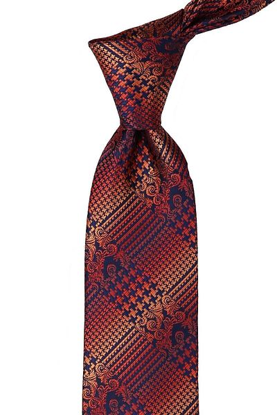 Kravatkolik Orange - Navy Blue Motif Pattern Classic Tie with Handkerchief Kk9997