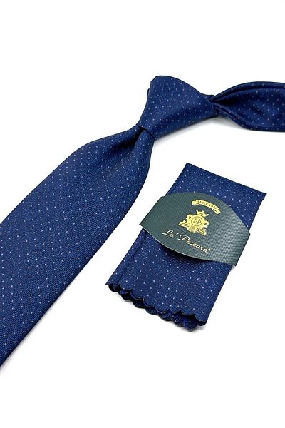 Kravatkolik Patterned Navy Blue Classic Tie with Handkerchief - KK12522