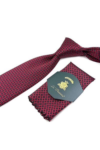 Kravatkolik Black - Red Small Pattern Classic Tie with Handkerchief Kk11293