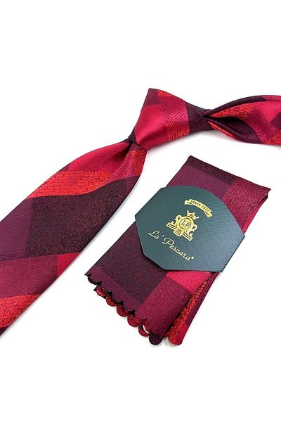 Kravatkolik Classic Tie with Red Plaid Pattern Handkerchief Kk11122