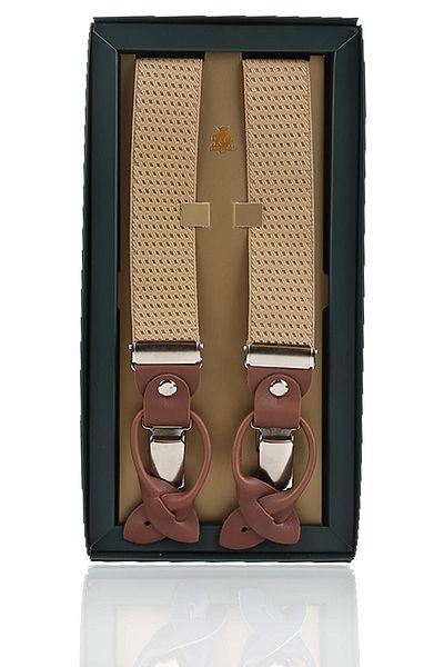 Kravatkolik Beige Leather Connected Button Hole Jacquard Trouser Strap PAN170