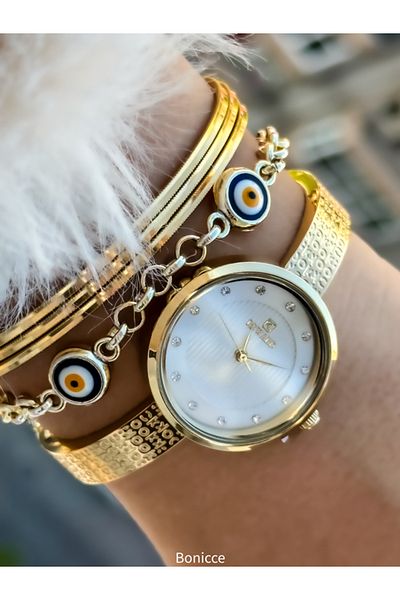 Reward Yellow Color Waterproof Women's Wristwatch - Steel Cord and Lock System, Evil Eye Beaded Bracelet