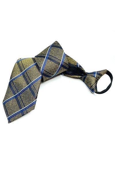 Kravatkolik Yellow Plaid Pattern Zippered Tie with Handkerchief